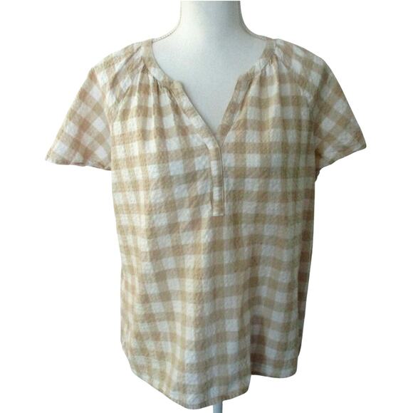 Sonoma Women's Tan & White Checked Short Sleeve V-neck Shirt Size XL - Picture 1 of 10